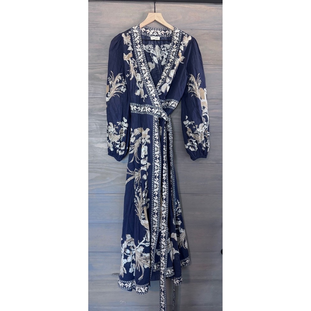 Talisman Navy Blue Floral Bird Print Wrap Maxi Dress Long Balloon Sleeve Small